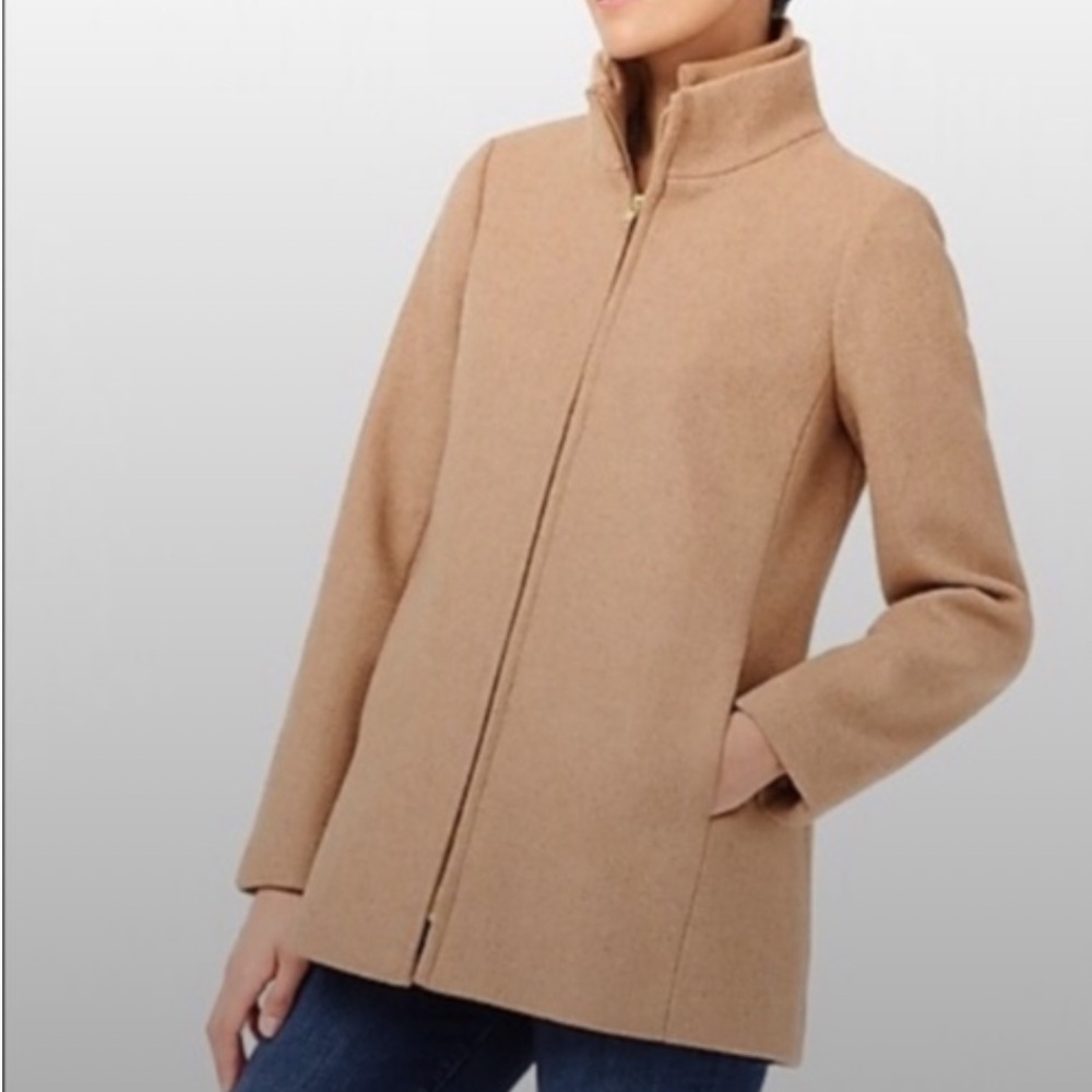 J Crew Village Coat Women 0 Tan Wool Blend Full Zip Mock Neck Lined Pockets - Picture 1 of 11